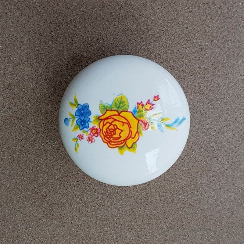 Puxador Porcelana Redondo Branco Floral Anel Metal 32mm - C1306