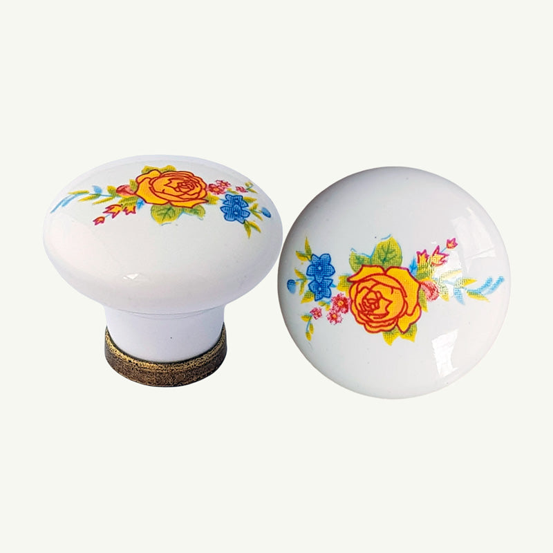 Puxador Porcelana Redondo Branco Floral Anel Metal 32mm - C1306