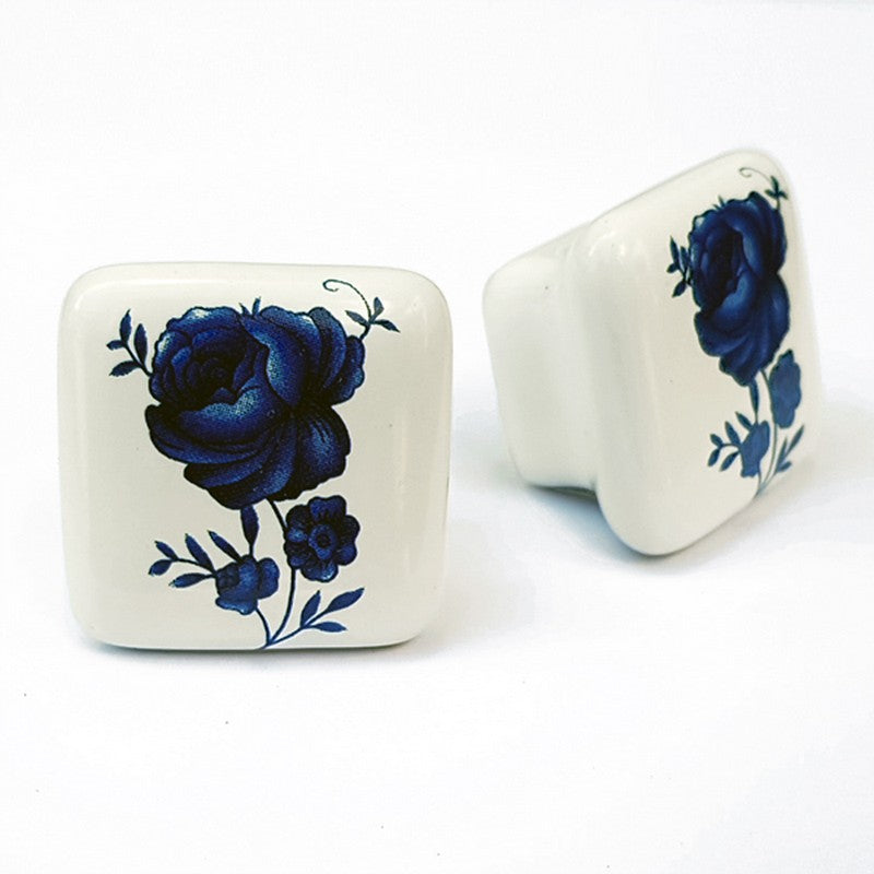 Puxador Porcelana Quadrado Branco Floral - C1400