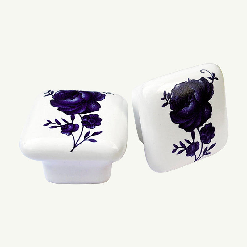 Puxador Porcelana Quadrado Branco Floral - C1400