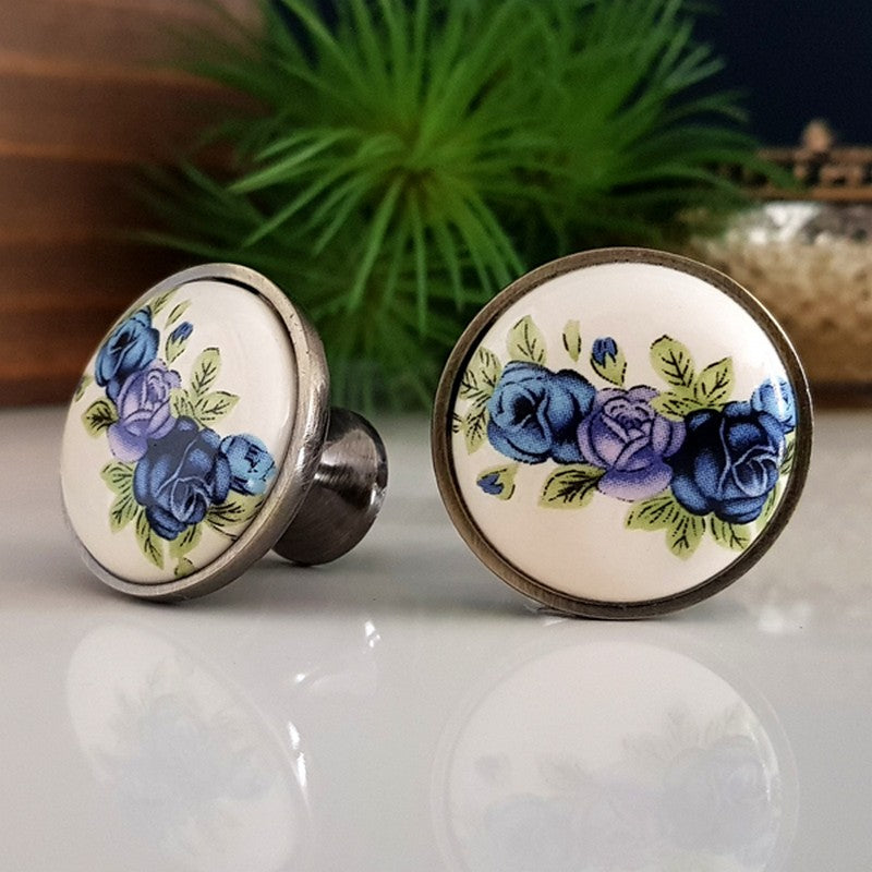 Puxador Porcelana Redondo Base Metal Branco Floral Azul 32mm - C1408