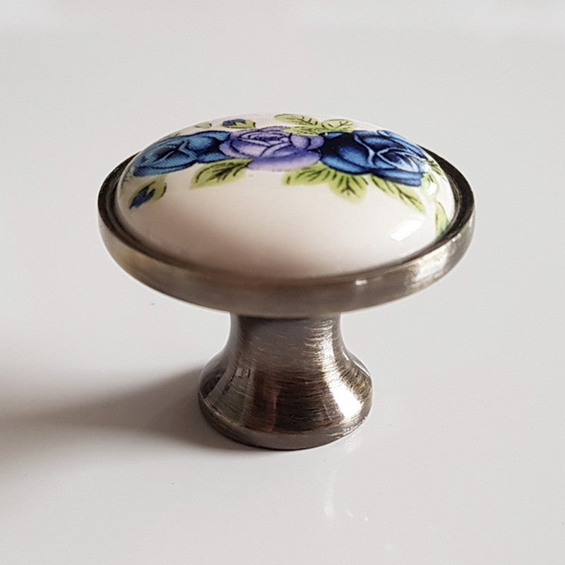 Puxador Porcelana Redondo Base Metal Branco Floral Azul 32mm - C1408