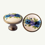 Puxador Porcelana Redondo Base Metal Branco Floral Azul 32mm - C1408