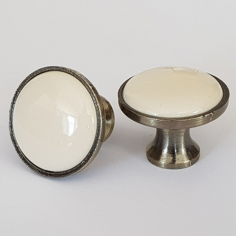 Puxador Porcelana Redondo Base Metal Marfim 32mm - C1409