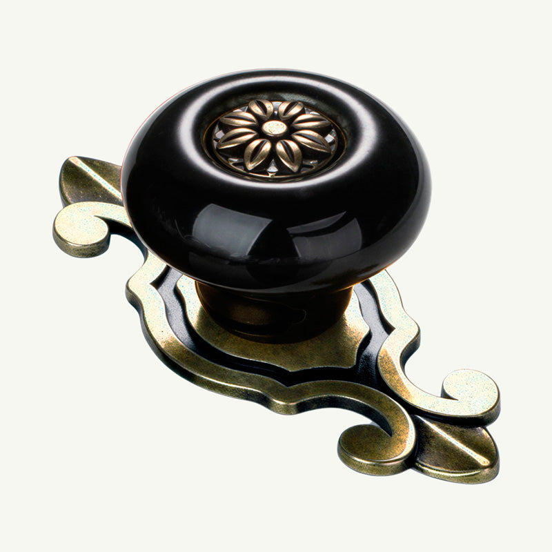 Puxador Gaveta Armário Porcelana Redondo Preto Base Metal 73mm - C1416