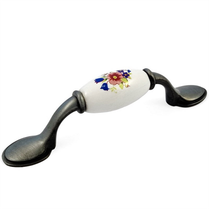 Puxador Metal e Porcelana Branca Floral 76mm - C1423