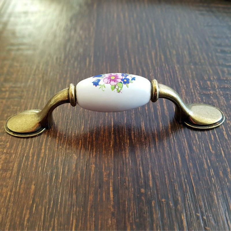 Puxador Metal e Porcelana Branca Floral 76mm - C1424
