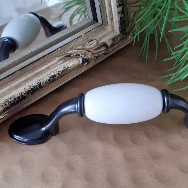 Puxador Metal Preto e Porcelana Branca 76mm - C1425