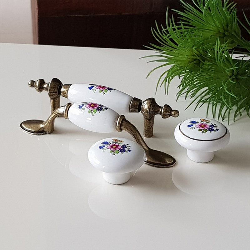 Puxador Metal e Porcelana Branca Floral 76mm - C1430