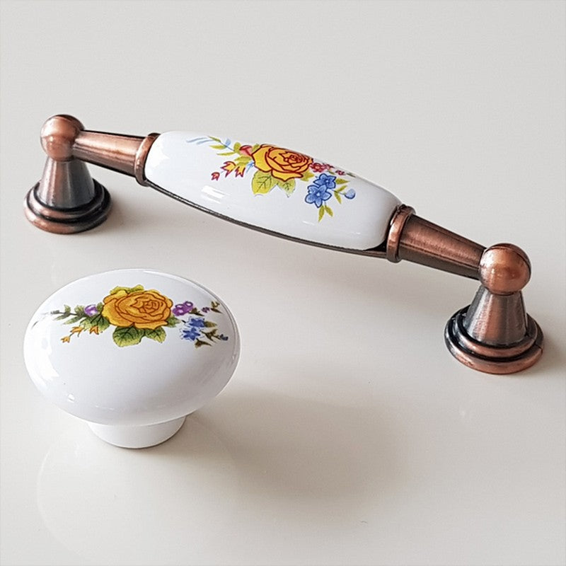 Puxador Metal e Porcelana Branca Floral 96mm - C1432