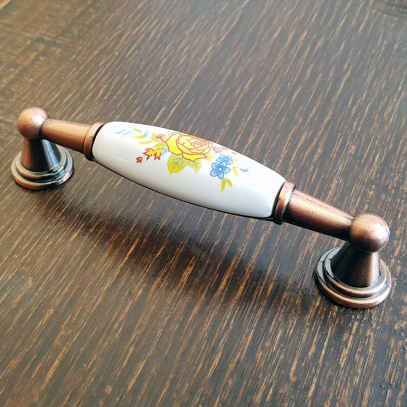 Puxador Metal e Porcelana Branca Floral 96mm - C1432