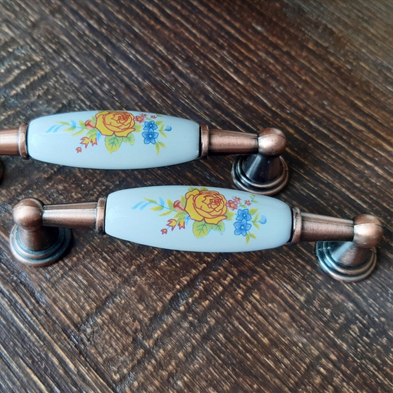 Puxador Metal e Porcelana Branca Floral 96mm - C1432