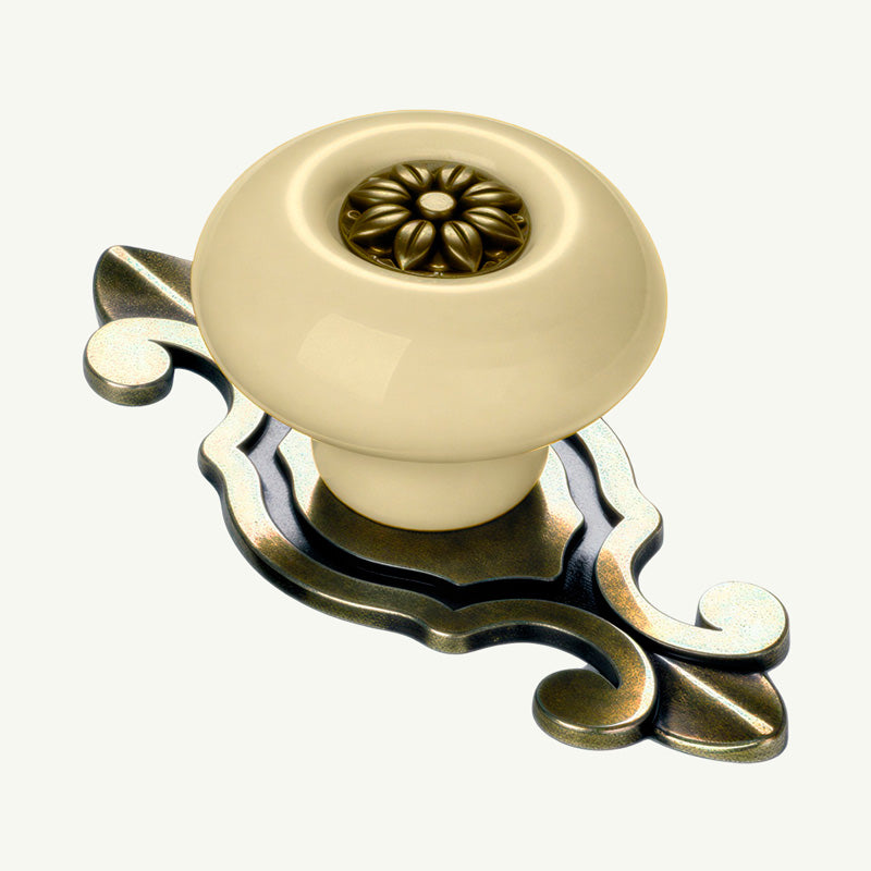 Puxador Gaveta Armário Porcelana Redondo Creme Base Metal 73mm  C1436