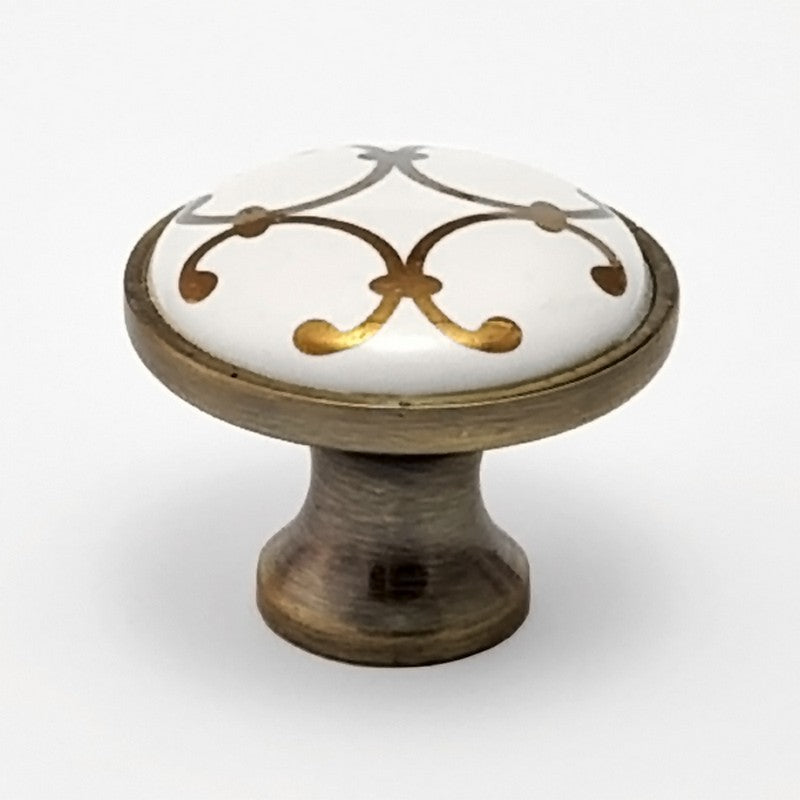 Puxador Porcelana Redondo Base Metal  e Dourado 32mm - C1452