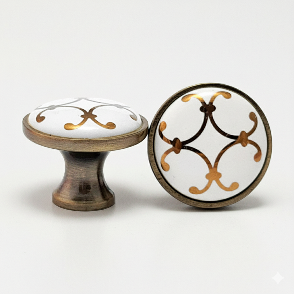 Puxador Porcelana Redondo Base Metal  e Dourado 32mm - C1452