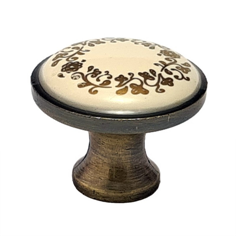 Puxador Porcelana Redondo Base Metal Marfim e Dourado 32mm - C1453