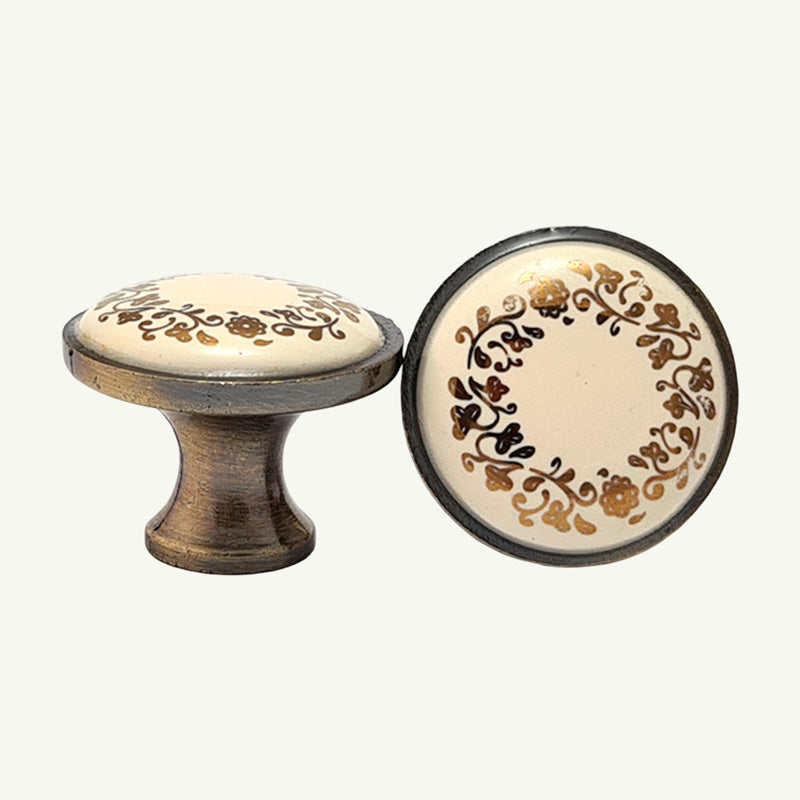 Puxador Porcelana Redondo Base Metal Marfim e Dourado 32mm - C1453