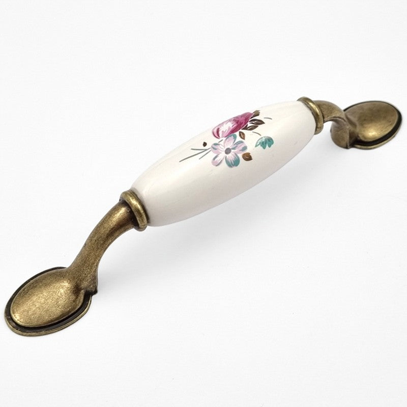 Puxador Alça Porcelana Branca com Floral e Base Metal 96mm - C1462
