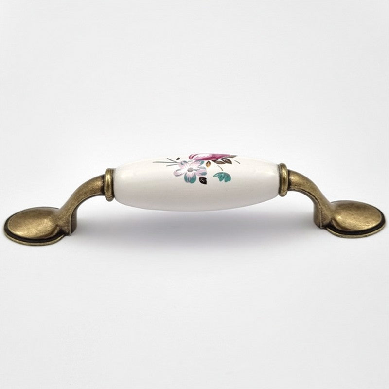Puxador Alça Porcelana Branca com Floral e Base Metal 96mm - C1462