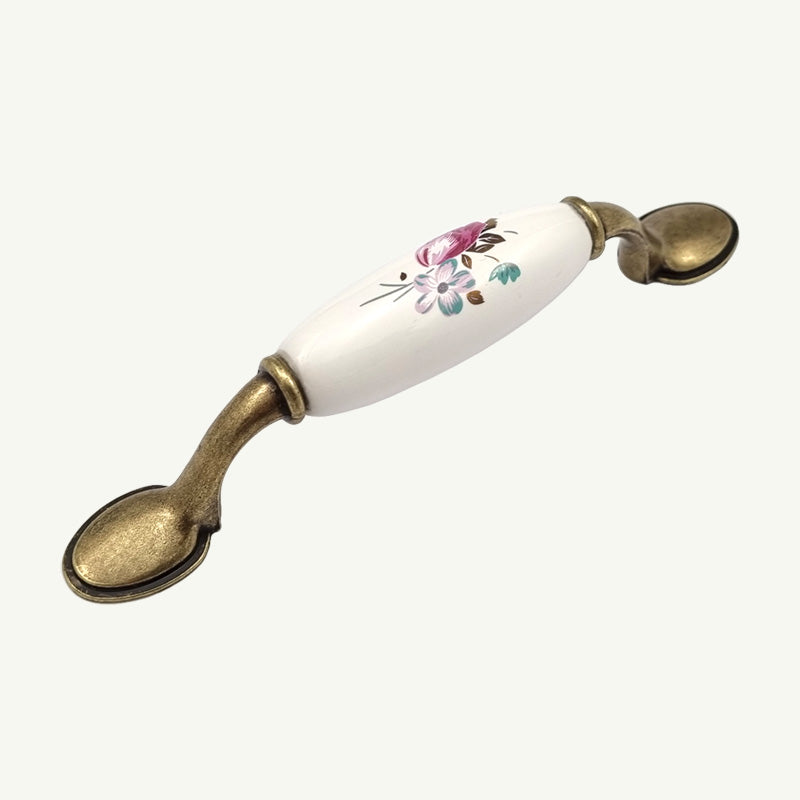 Puxador Alça Porcelana Branca com Floral e Base Metal 96mm - C1462