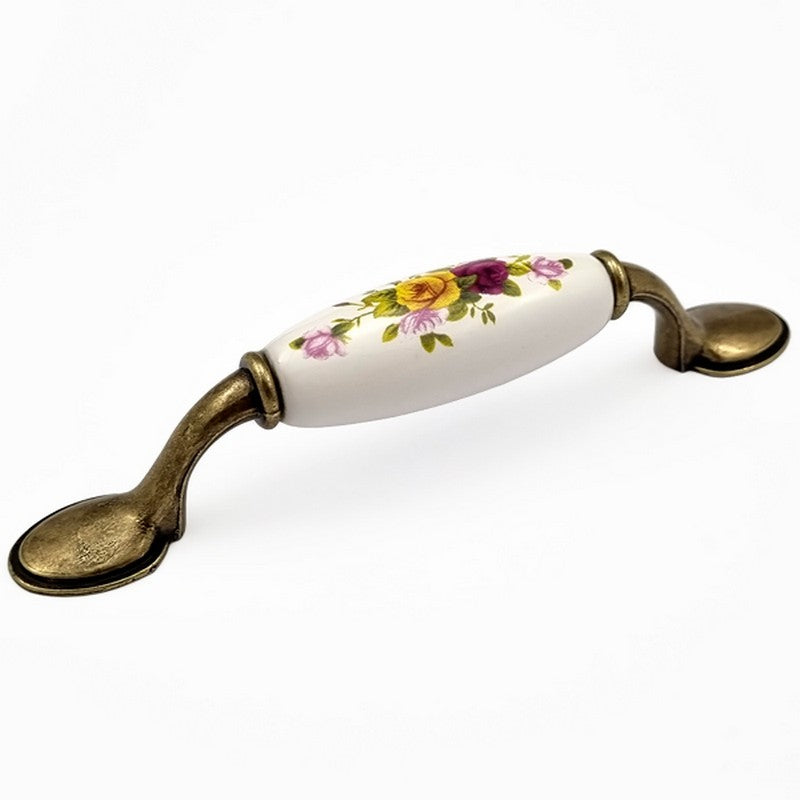 Puxador Alça Porcelana Branca com Floral e Base Metal 96mm - C1463