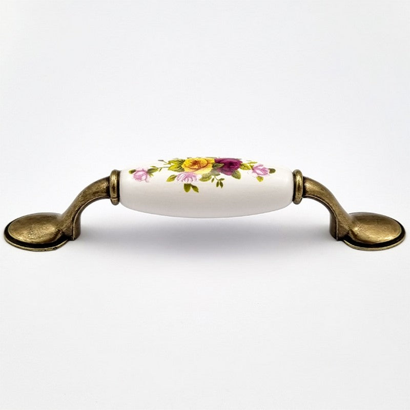 Puxador Alça Porcelana Branca com Floral e Base Metal 96mm - C1463