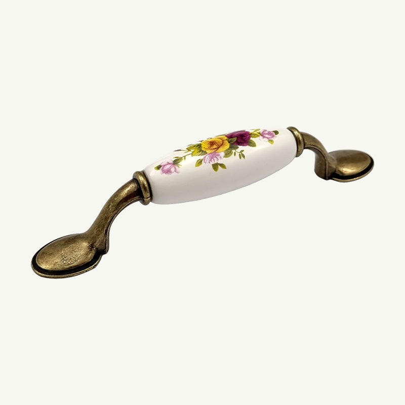 Puxador Alça Porcelana Branca com Floral e Base Metal 96mm - C1463