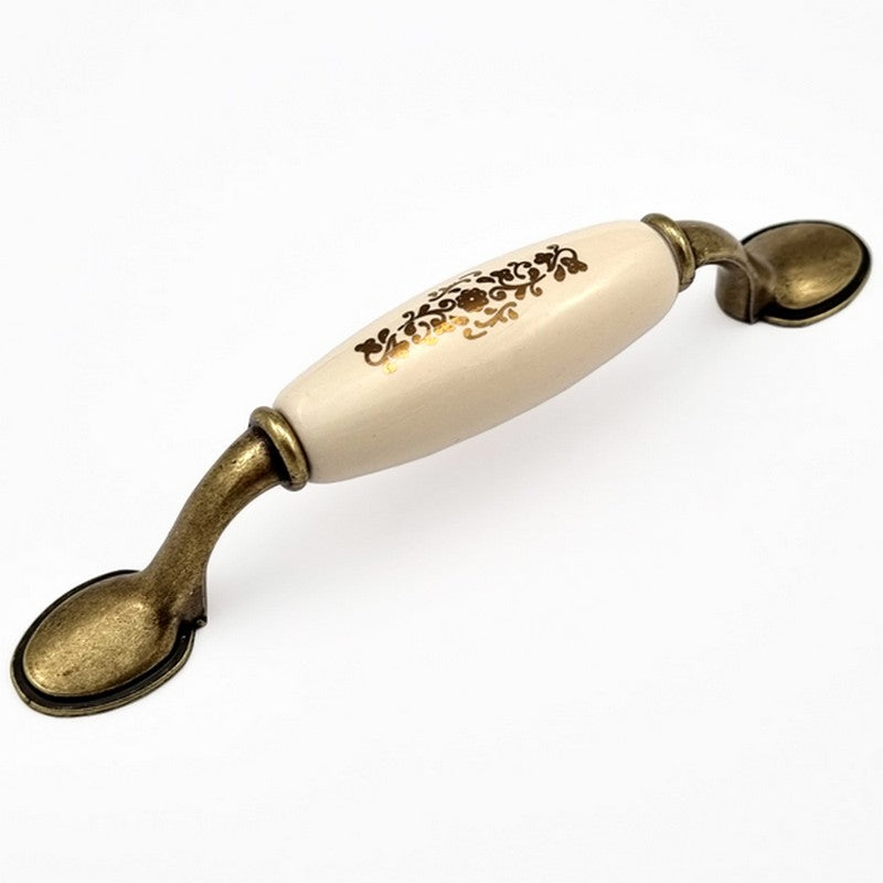 Puxador Alça Porcelana Marfim com Estampa Dourada e Base Metal 96mm - C1464