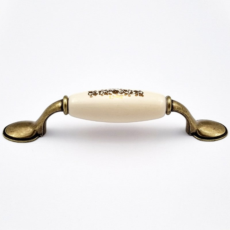 Puxador Alça Porcelana Marfim com Estampa Dourada e Base Metal 96mm - C1464