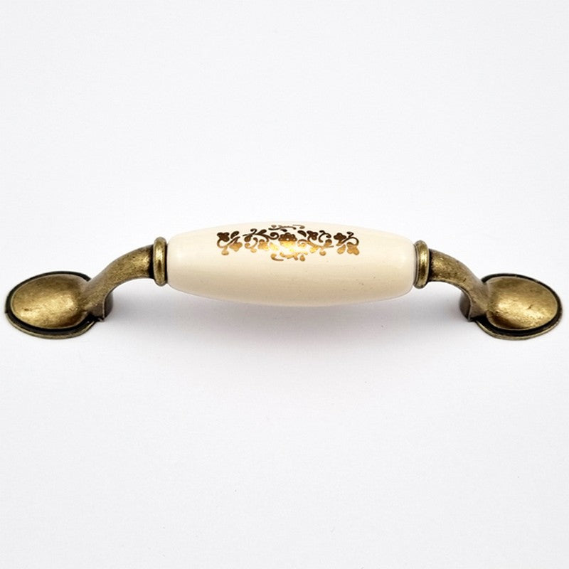 Puxador Alça Porcelana Marfim com Estampa Dourada e Base Metal 96mm - C1464