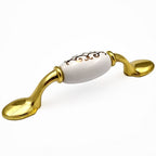 Puxador Alça Porcelana Branca com Estampa Dourada e Base Metal 76mm - C1465