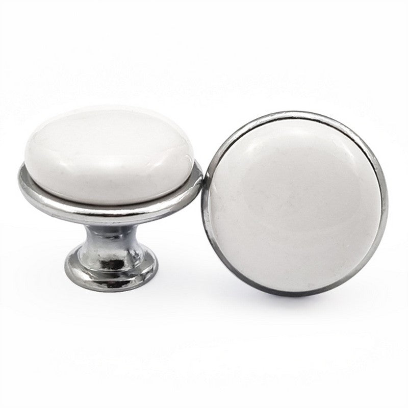 Puxador Porcelana Branco com Base Cromada 27mm - C1473
