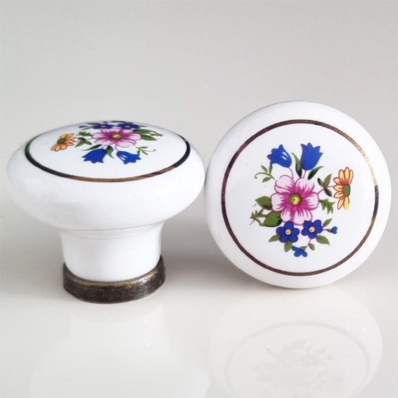 Puxador Porcelana Redondo Branco Floral Anel Metal 32mm - C1476