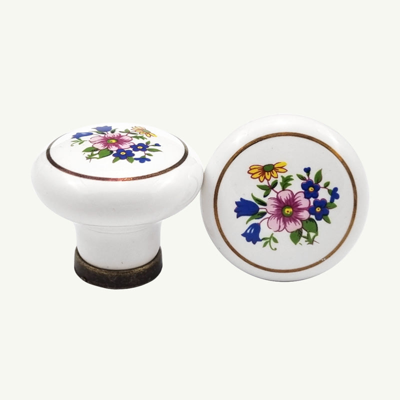 Puxador Porcelana Redondo Branco Floral Anel Metal 32mm - C1476