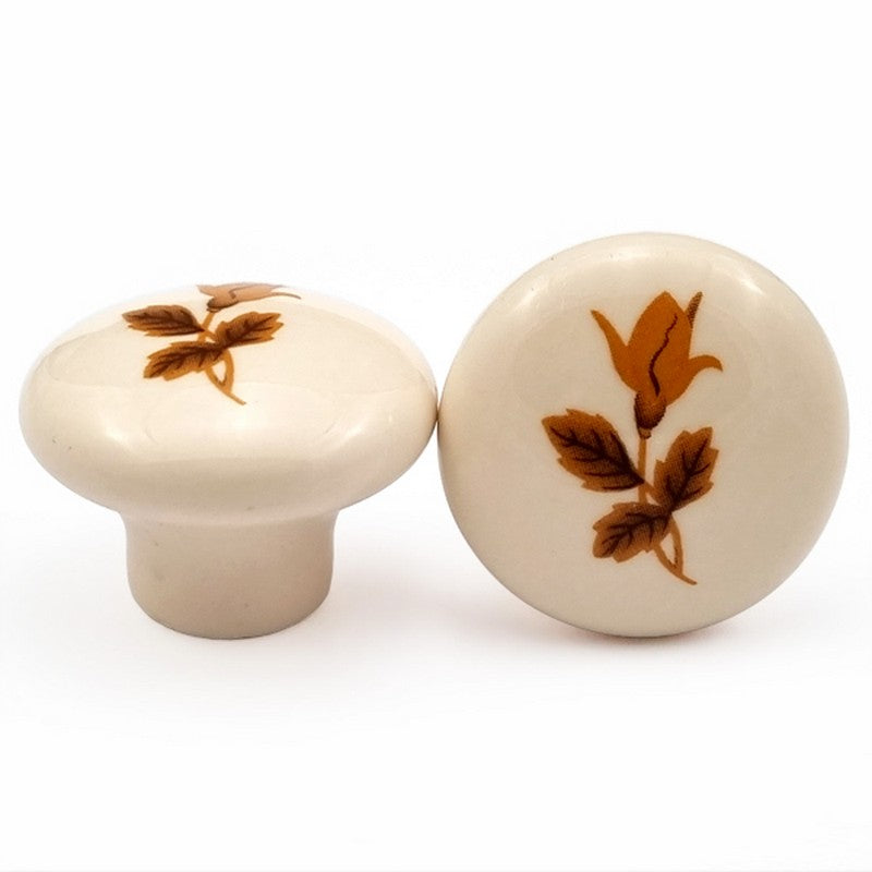 Puxador Porcelana Redondo Marfim com Floral 32mm - C1478