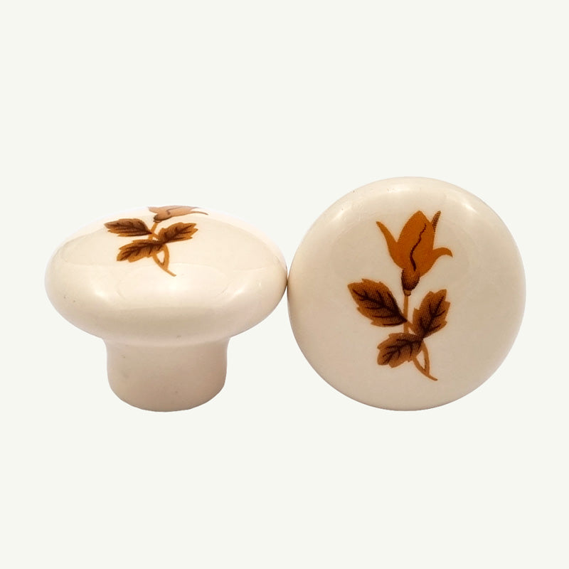 Puxador Porcelana Redondo Marfim com Floral 32mm - C1478