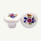 Puxador Porcelana Redondo Branco com Floral 32mm - C1479