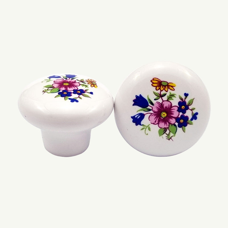 Puxador Porcelana Redondo Branco com Floral 32mm - C1479