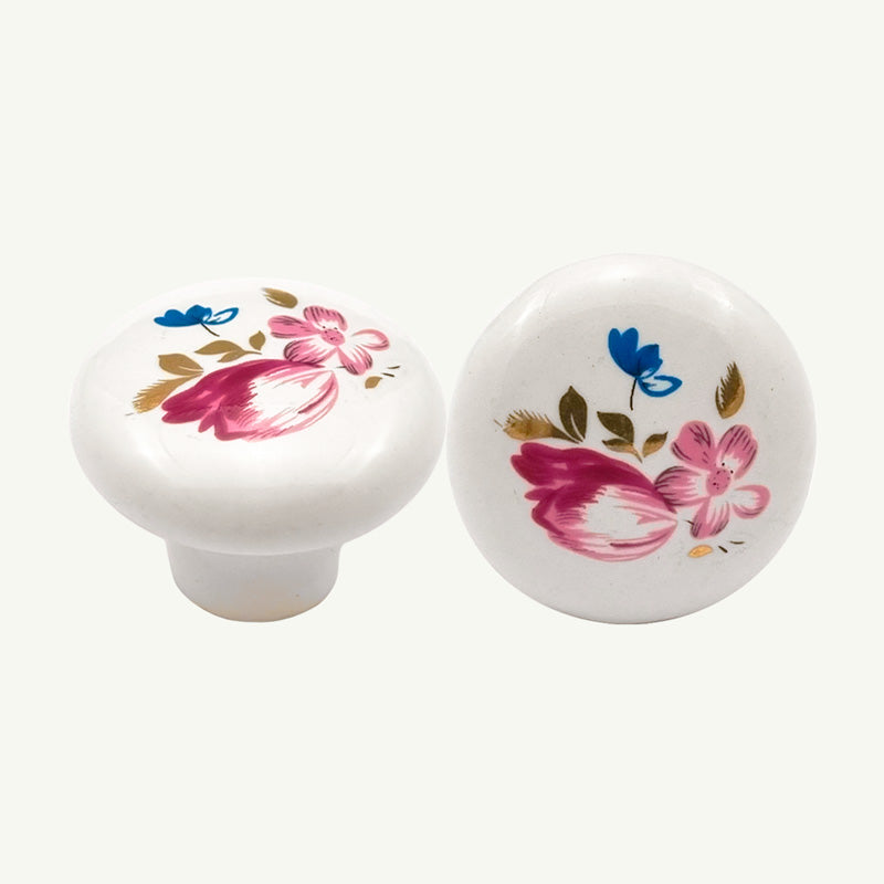 Puxador Porcelana Redondo Branco com Floral 32mm - C1480