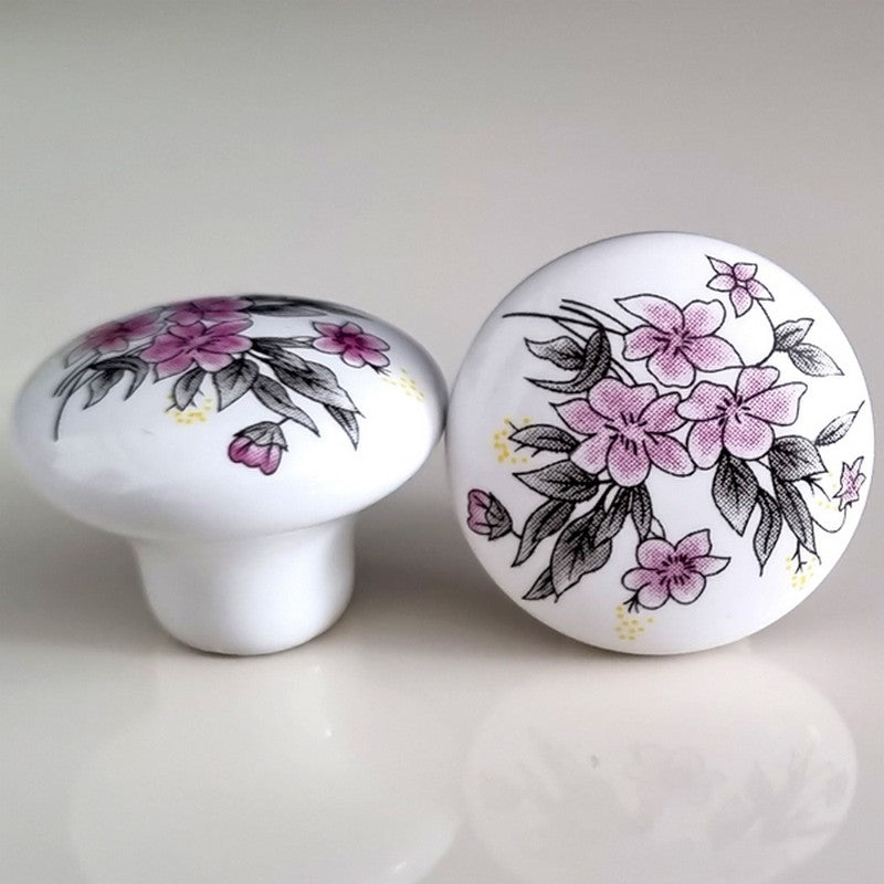 Puxador Porcelana Redondo Branco com Floral 32mm - C1481