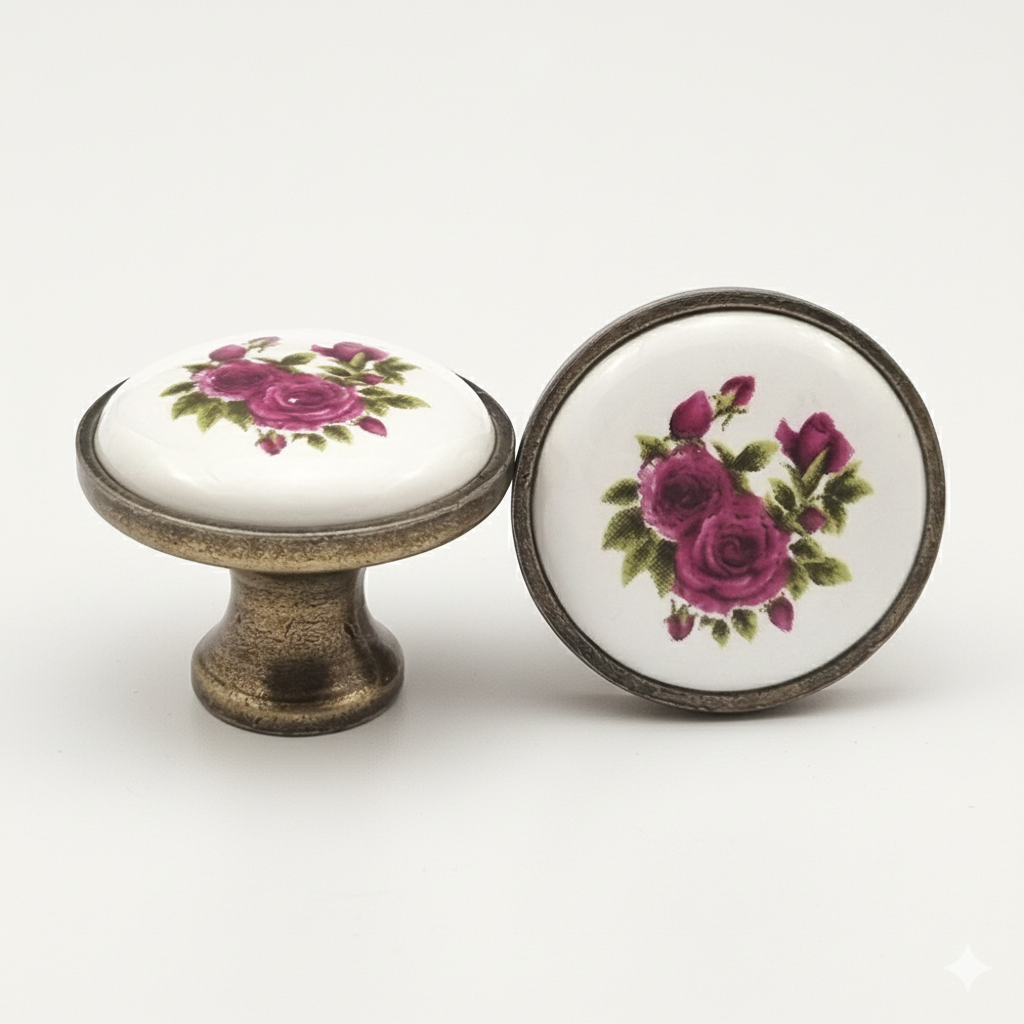 Puxador Porcelana Redondo Base Metal Branco e Floral 32mm - C1483