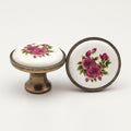 Puxador Porcelana Redondo Base Metal Branco e Floral 32mm - C1483