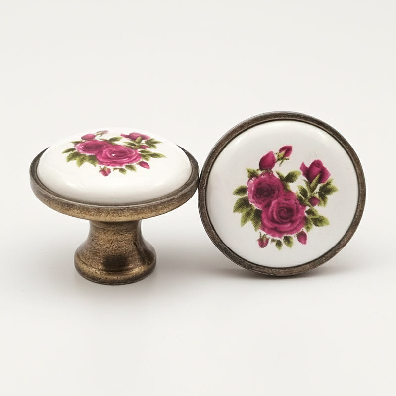 Puxador Porcelana Redondo Base Metal Branco e Floral 32mm - C1483