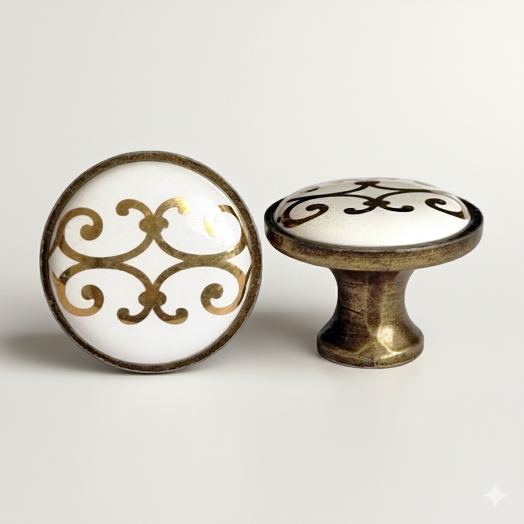 Puxador Porcelana Base Metal Branco e Padrão Dourado 32mm - C1485