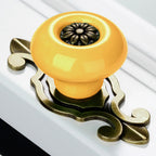 Puxador Gaveta Armário Porcelana Redondo Amarelo Base Metal 73mm - C1488