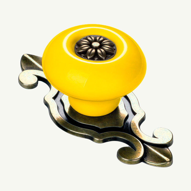 Puxador Gaveta Armário Porcelana Redondo Amarelo Base Metal 73mm - C1488
