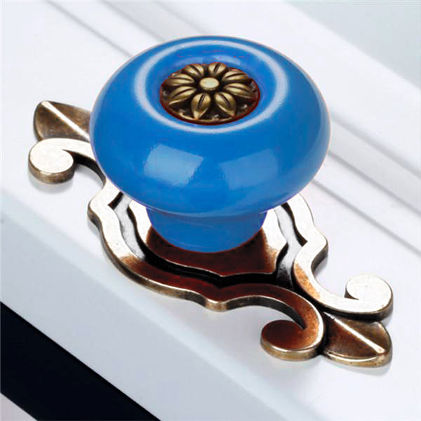 Puxador Porcelana Redondo Azul Base Metal - C1490