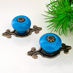 Puxador Porcelana Redondo Azul Base Metal - C1490