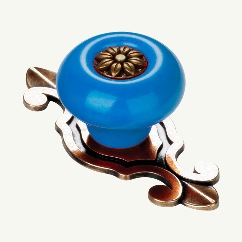 Puxador Gaveta Armário Porcelana Redondo Azul Base Metal 73mm - C1490
