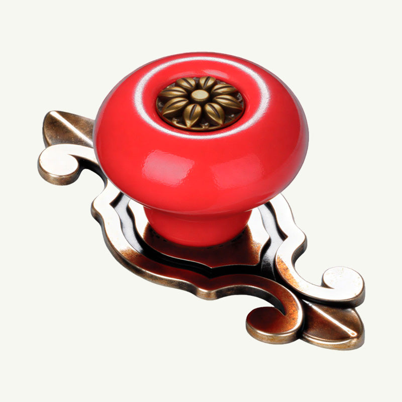 Puxador Gaveta Armário Porcelana Redondo Vermelho Base Metal 73mm - C1491